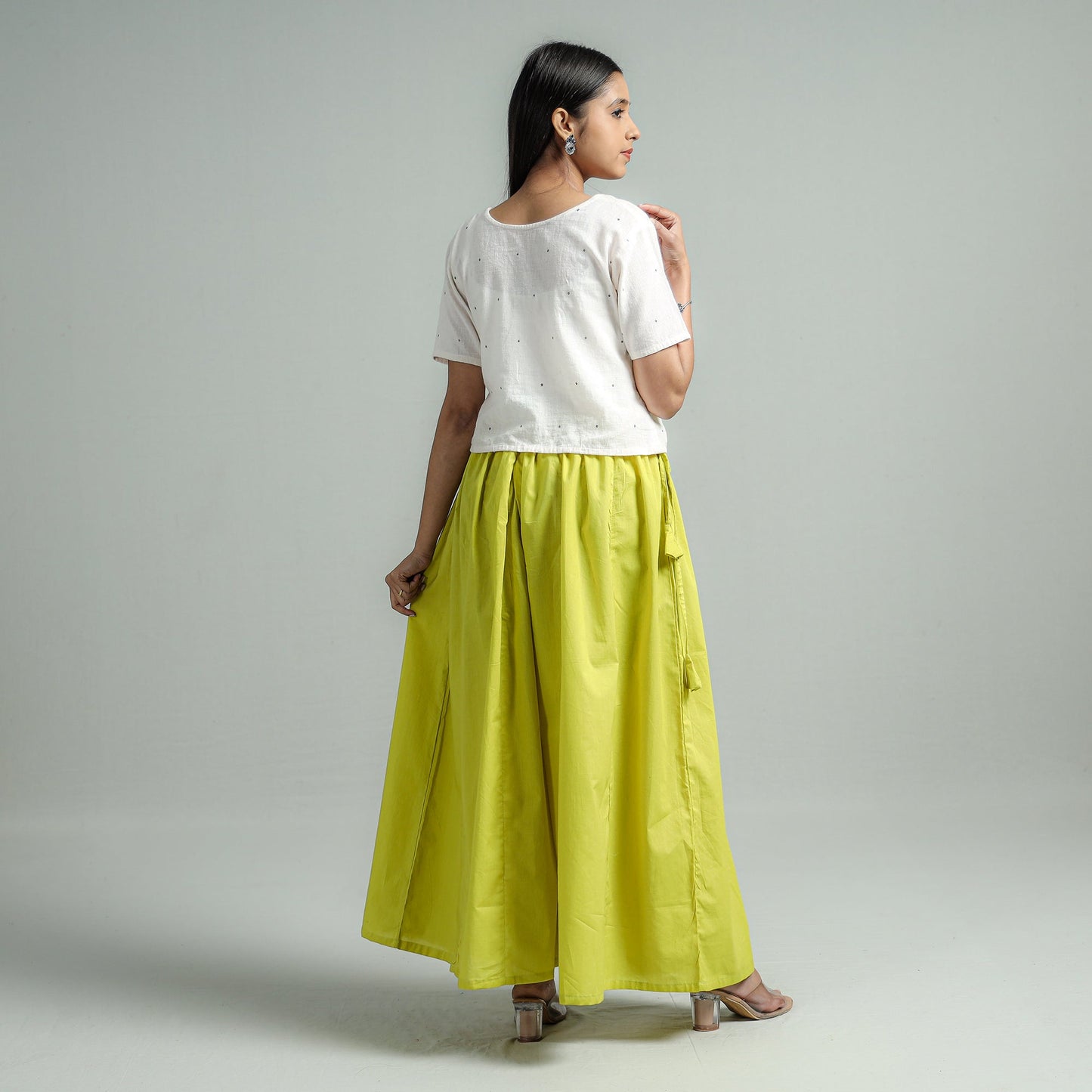 Buy Parrot Green Plain Dyed Cotton Flared Palazzo Online
