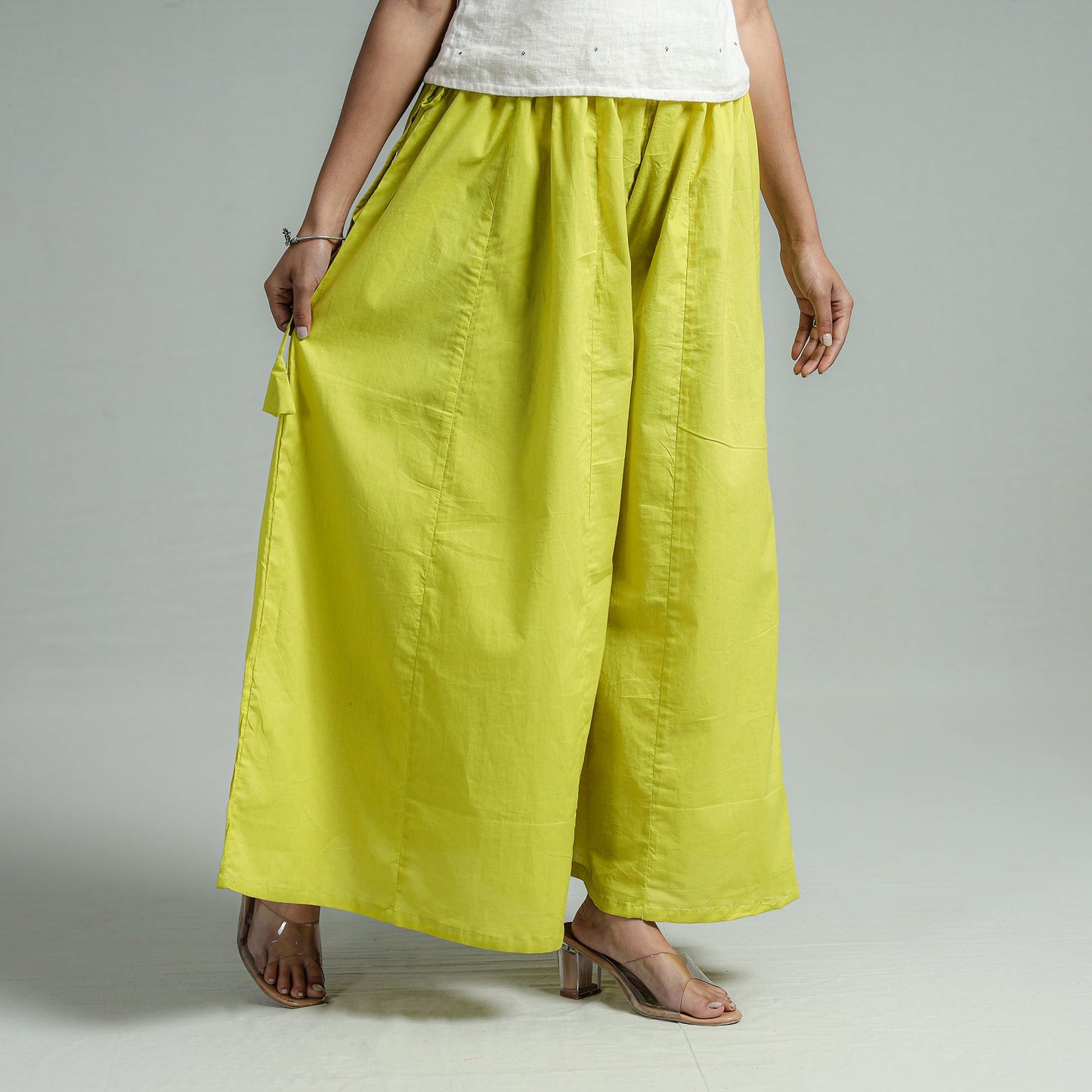 Buy Parrot Green Plain Dyed Cotton Flared Palazzo Online
