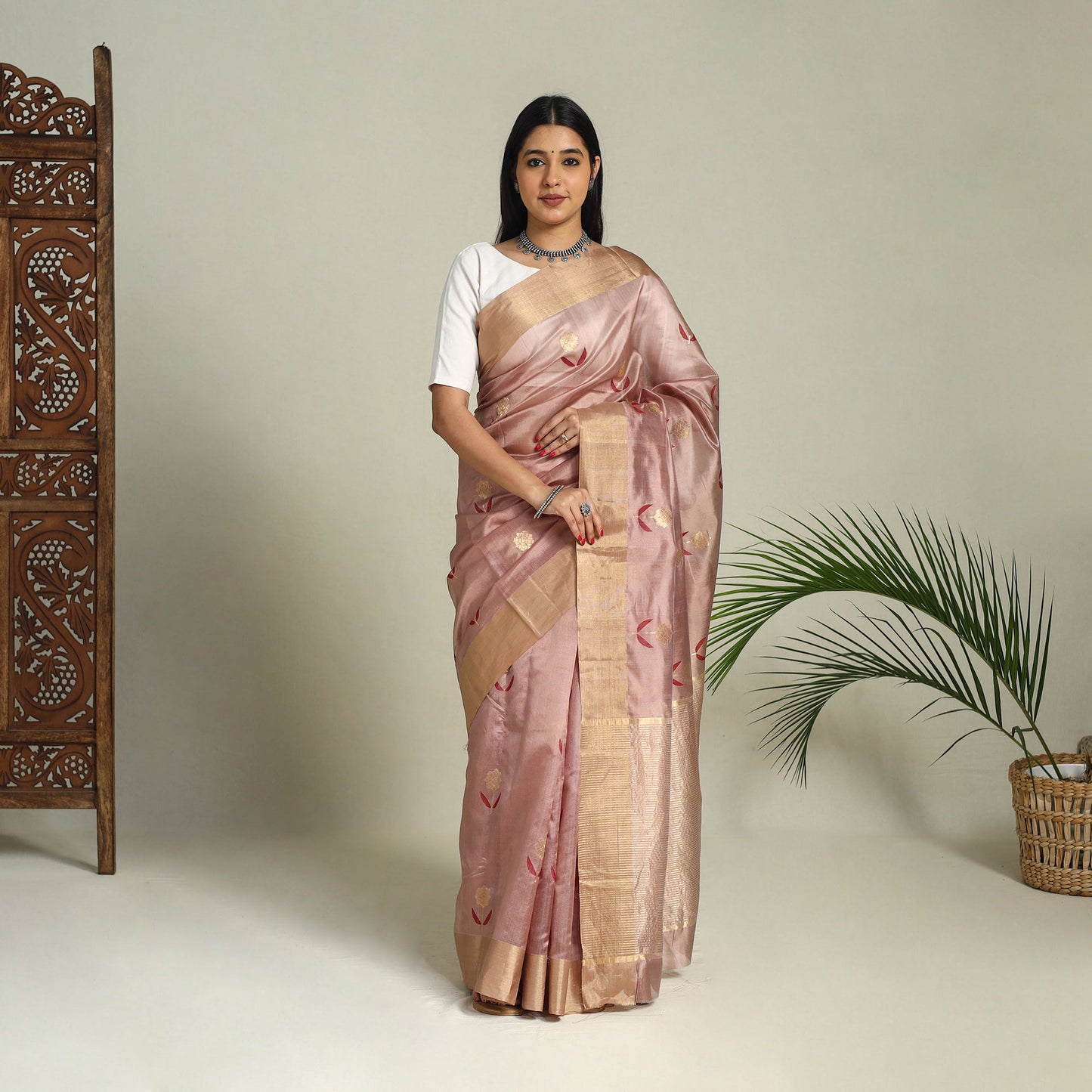 Buy Pastel Pink Handloom Zari Work Chanderi Silk Saree