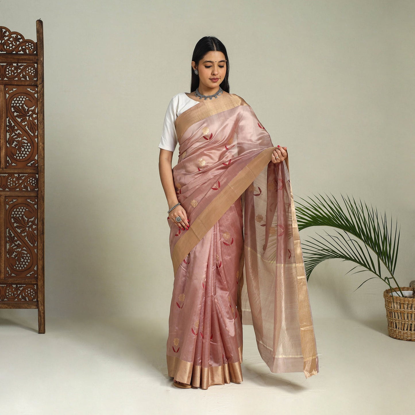 Buy Pastel Pink Handloom Zari Work Chanderi Silk Saree