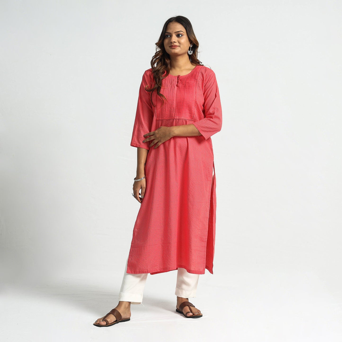  Plain Running Stitch Cotton Pintuck Long Kurta 