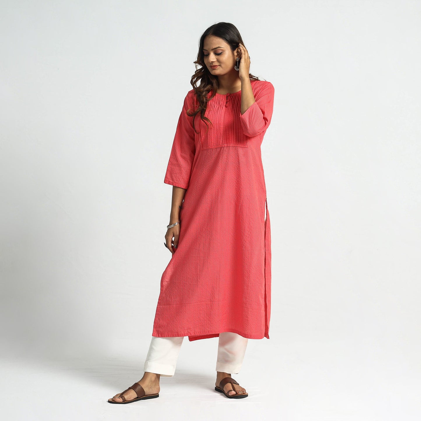 Plain Running Stitch Cotton Pintuck Long Kurta 