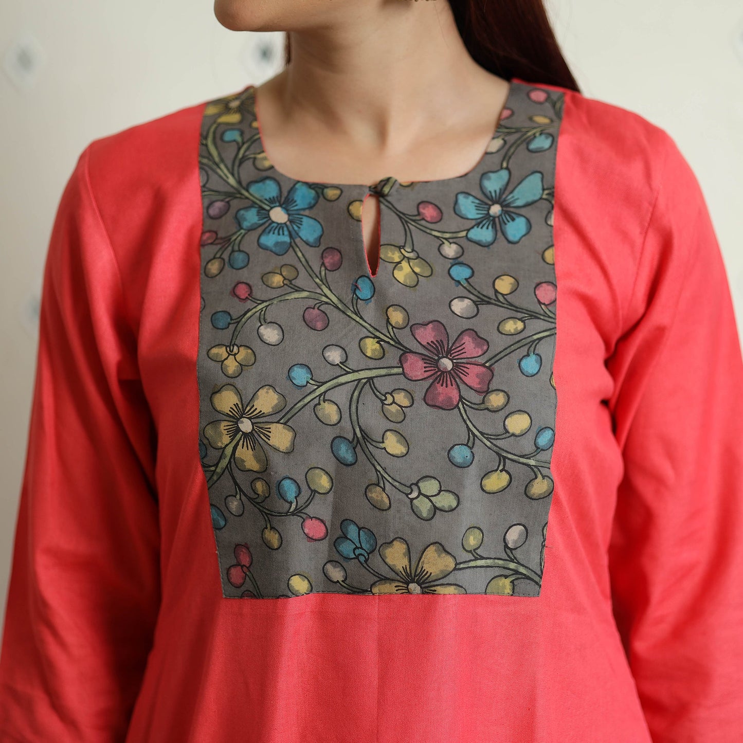 Buy Srikalahasti Kalamkari Patchwork Plain Linen Cotton Long Kurta Online at iTokri.com
