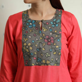 Buy Srikalahasti Kalamkari Patchwork Plain Linen Cotton Long Kurta Online at iTokri.com