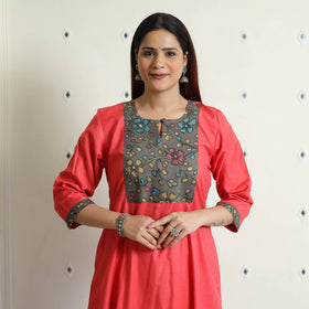 Buy Srikalahasti Kalamkari Patchwork Plain Linen Cotton Long Kurta Online at iTokri.com