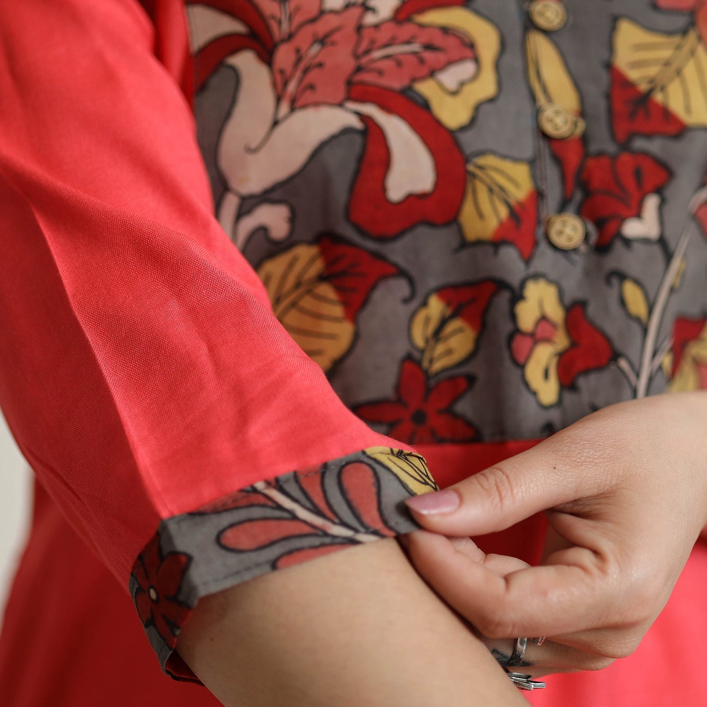  Srikalahasti Kalamkari Patchwork Plain Linen Cotton Long Kurta 