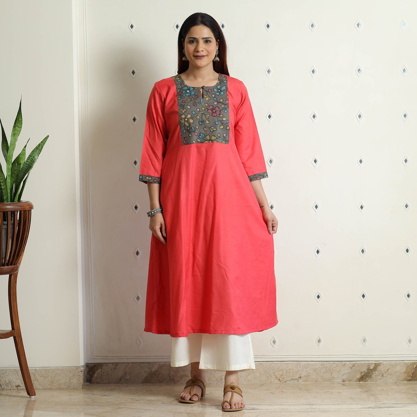 Buy Srikalahasti Kalamkari Patchwork Plain Linen Cotton Long Kurta Online at iTokri.com