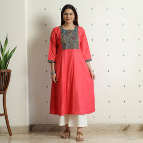 Buy Srikalahasti Kalamkari Patchwork Plain Linen Cotton Long Kurta Online at iTokri.com