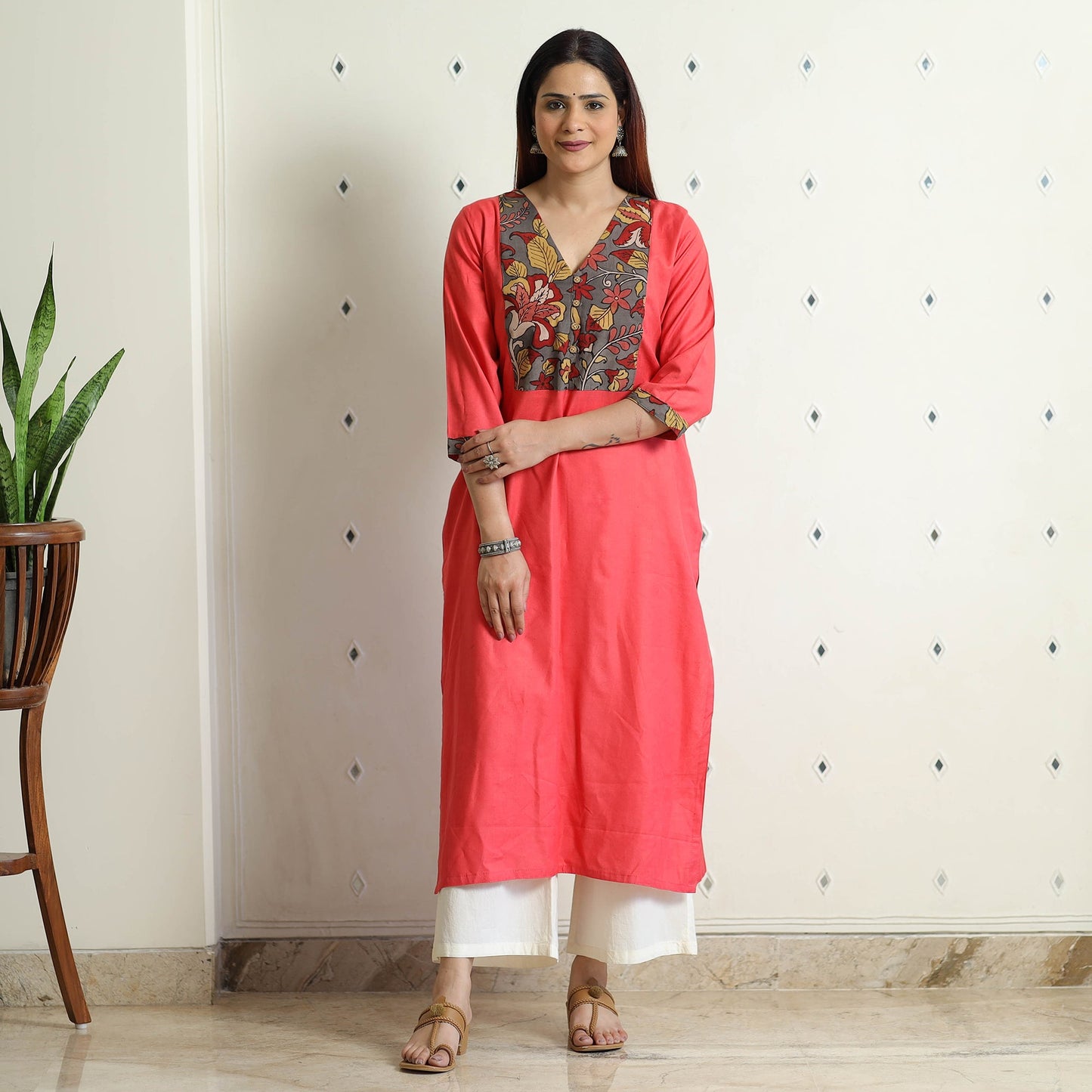  Srikalahasti Kalamkari Patchwork Plain Linen Cotton Long Kurta 