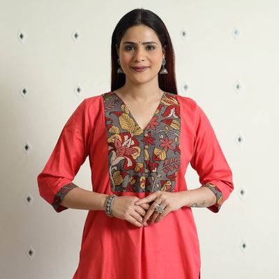  Srikalahasti Kalamkari Patchwork Plain Linen Cotton Long Kurta 