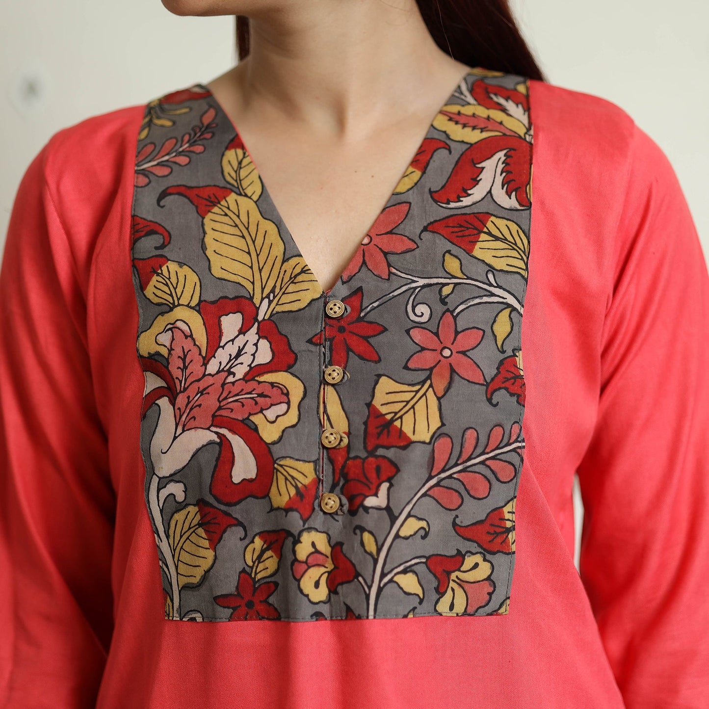  Srikalahasti Kalamkari Patchwork Plain Linen Cotton Long Kurta 