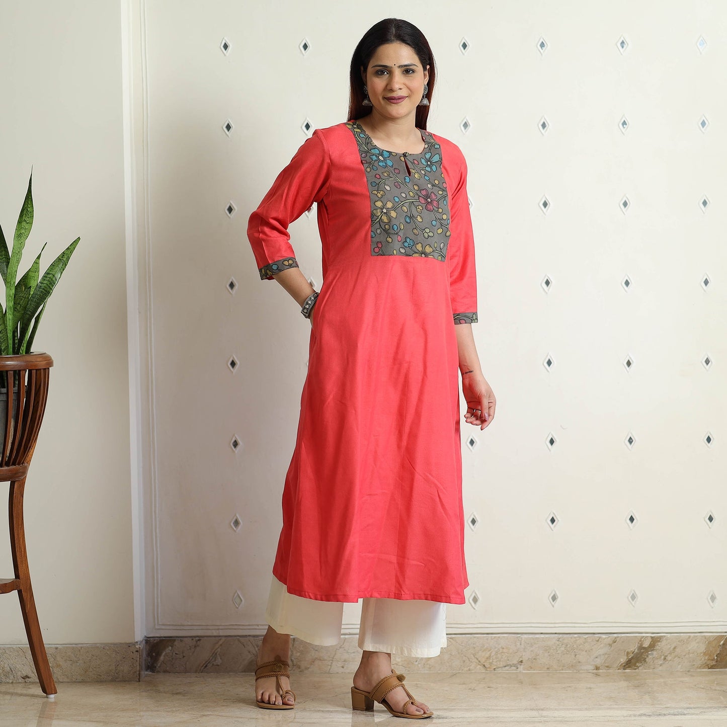 Buy Srikalahasti Kalamkari Patchwork Plain Linen Cotton Long Kurta Online at iTokri.com