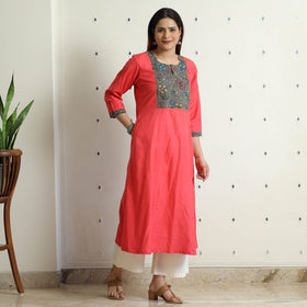 Buy Srikalahasti Kalamkari Patchwork Plain Linen Cotton Long Kurta Online at iTokri.com