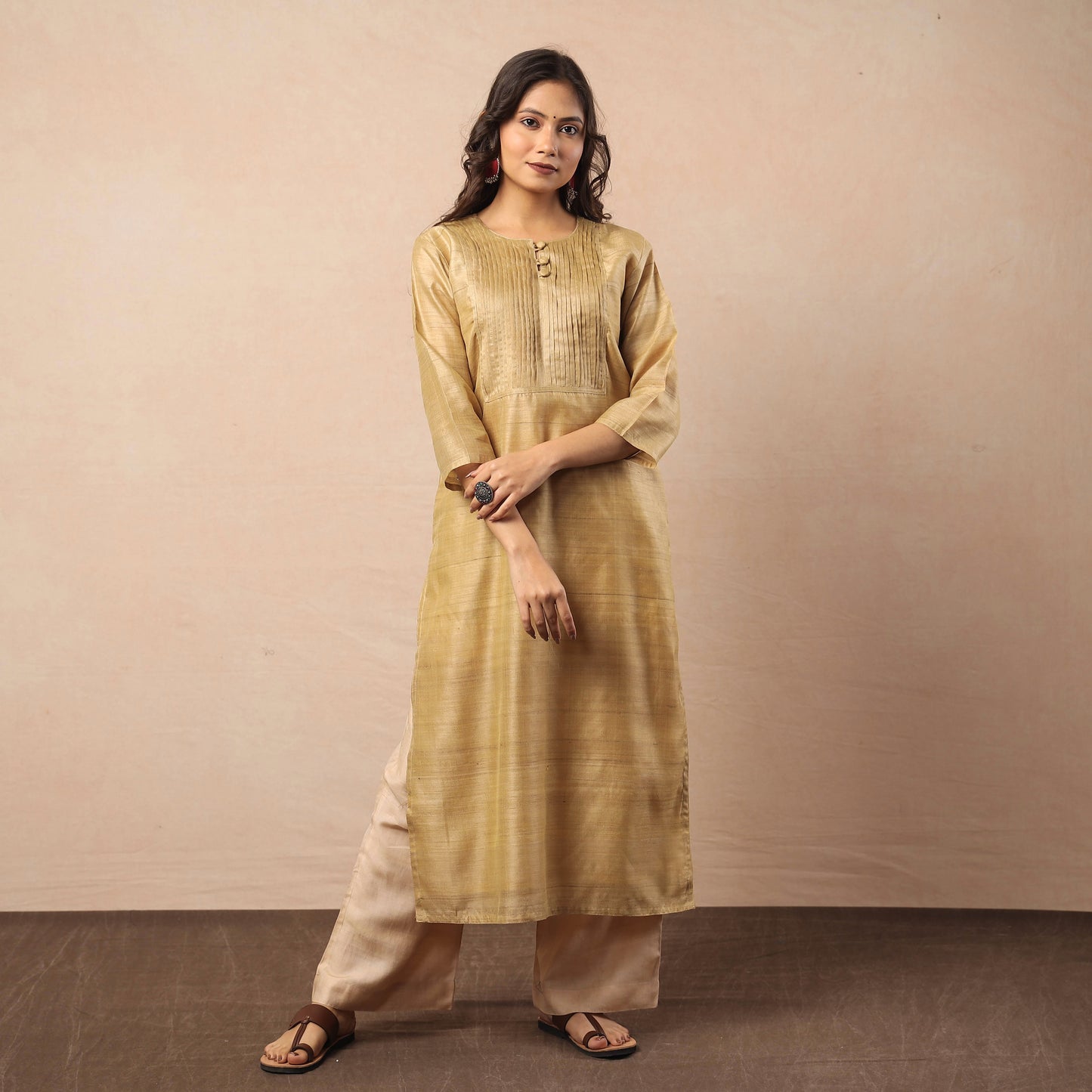 Pastel yellow bhagalpuri handwoven desi tussar silk long