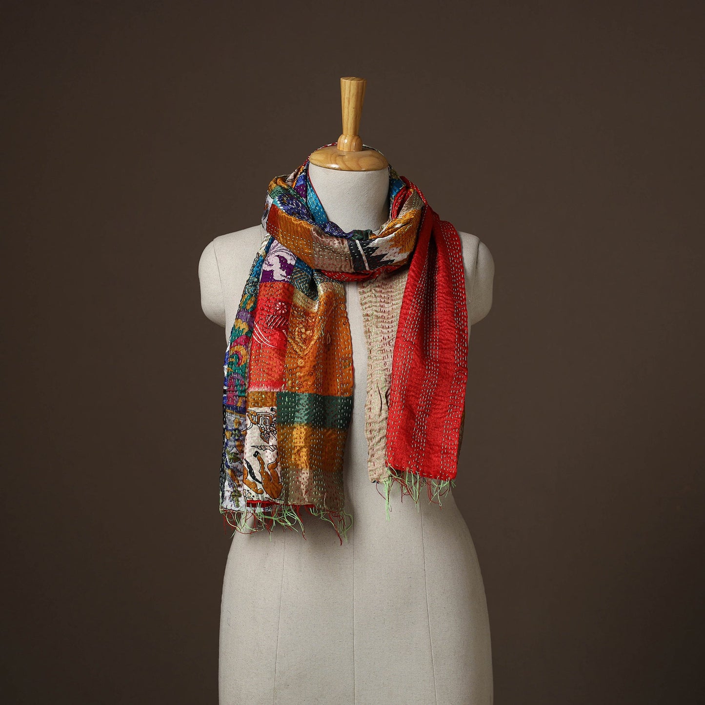 Patchwork reversible silk bengal hand kantha stitch stole