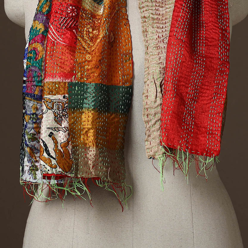 Patchwork reversible silk bengal hand kantha stitch stole