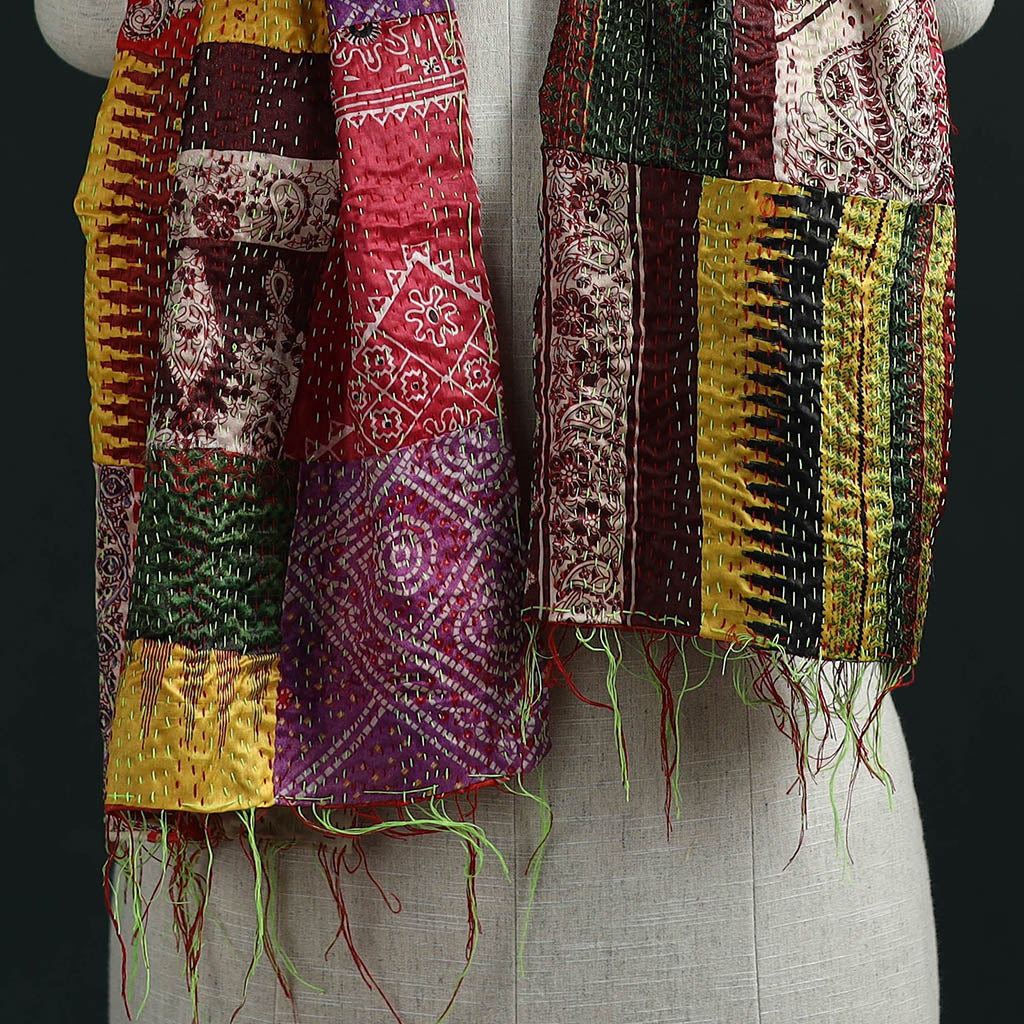 Patchwork reversible silk bengal hand kantha stitch stole
