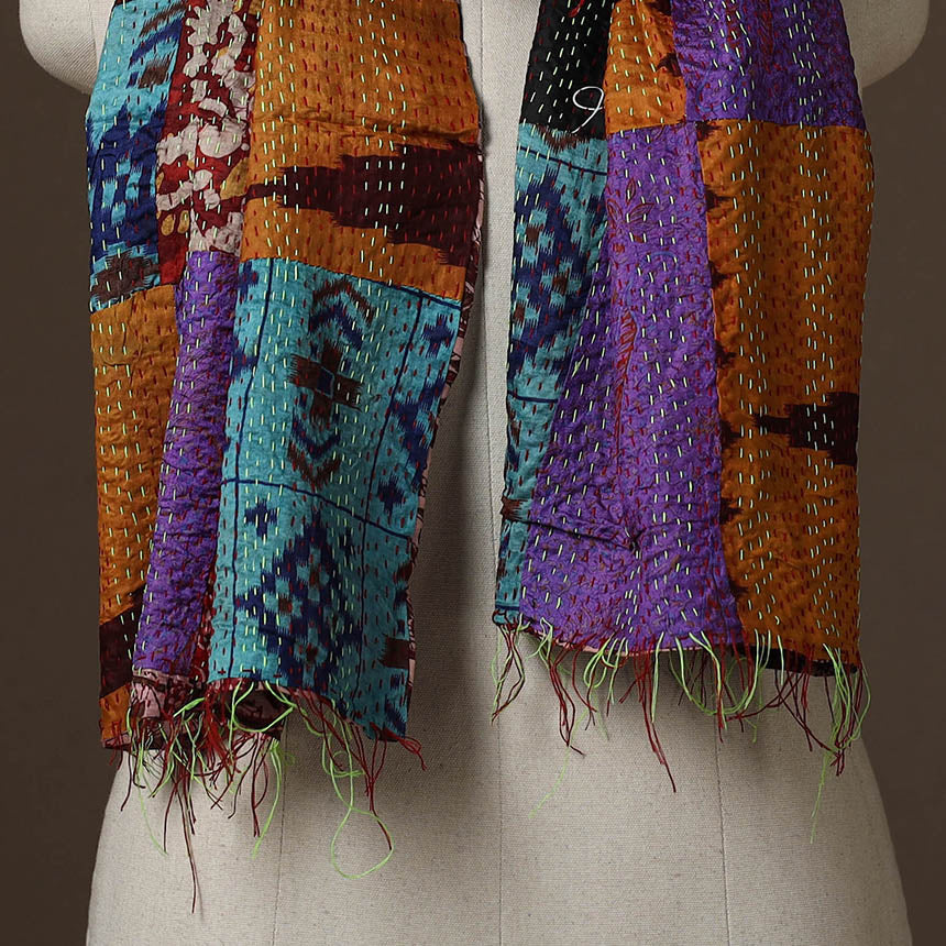 Patchwork reversible silk bengal hand kantha stitch stole