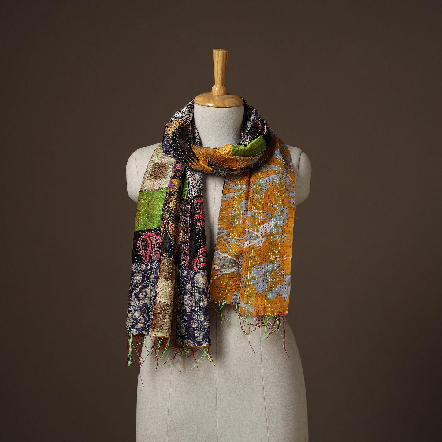 Patchwork reversible silk bengal hand kantha stitch stole