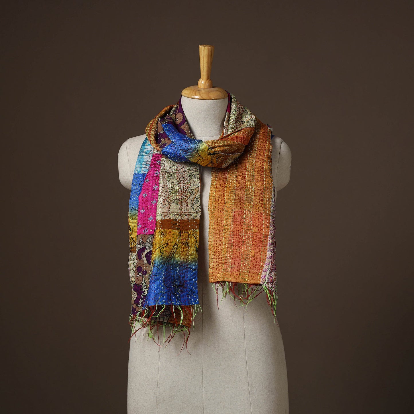 Patchwork reversible silk bengal hand kantha stitch stole