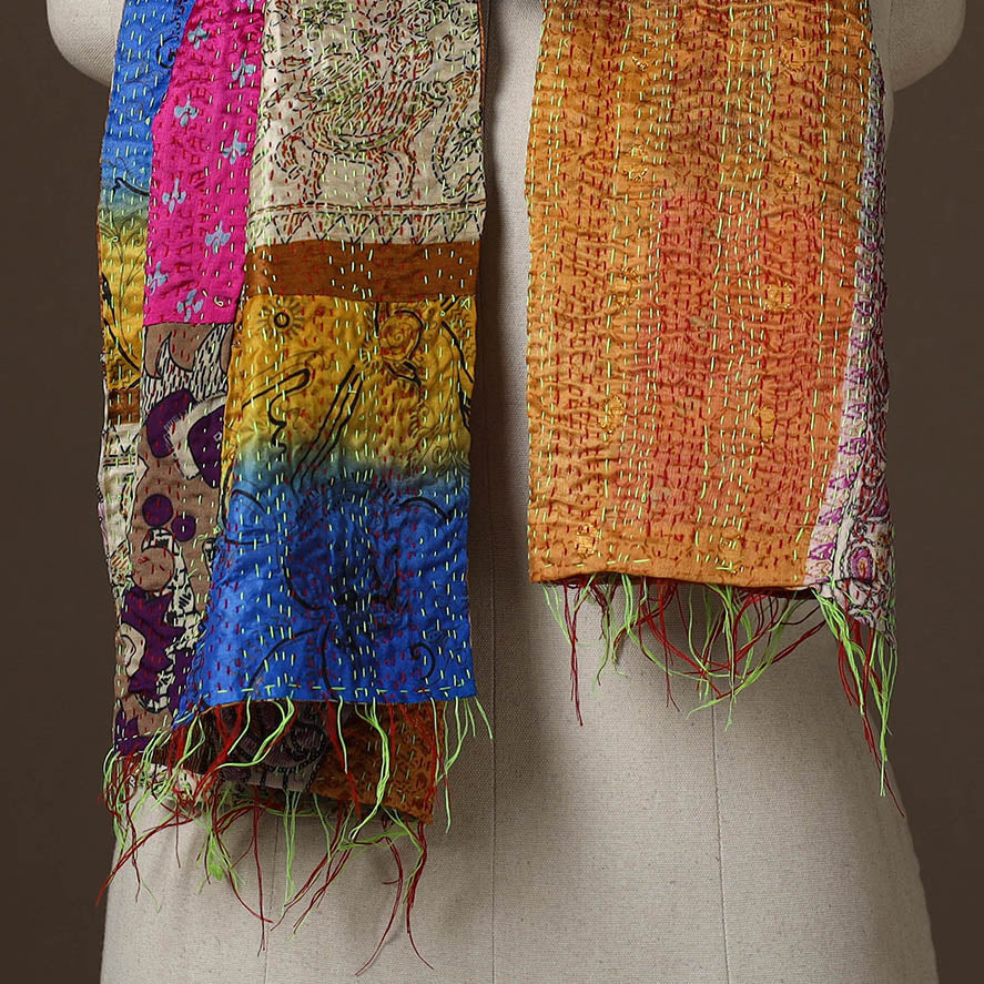 Patchwork reversible silk bengal hand kantha stitch stole