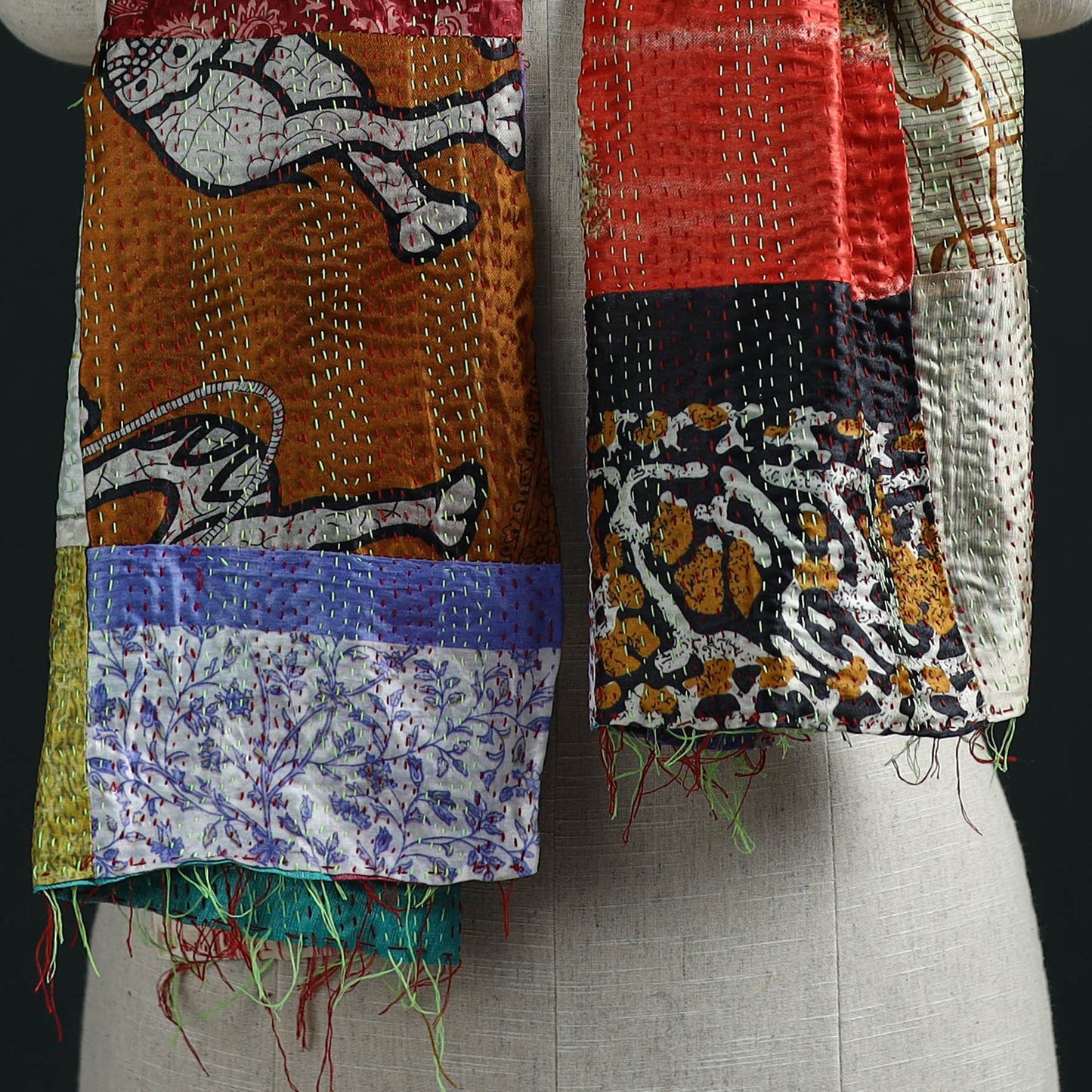 Patchwork reversible silk bengal hand kantha stitch stole