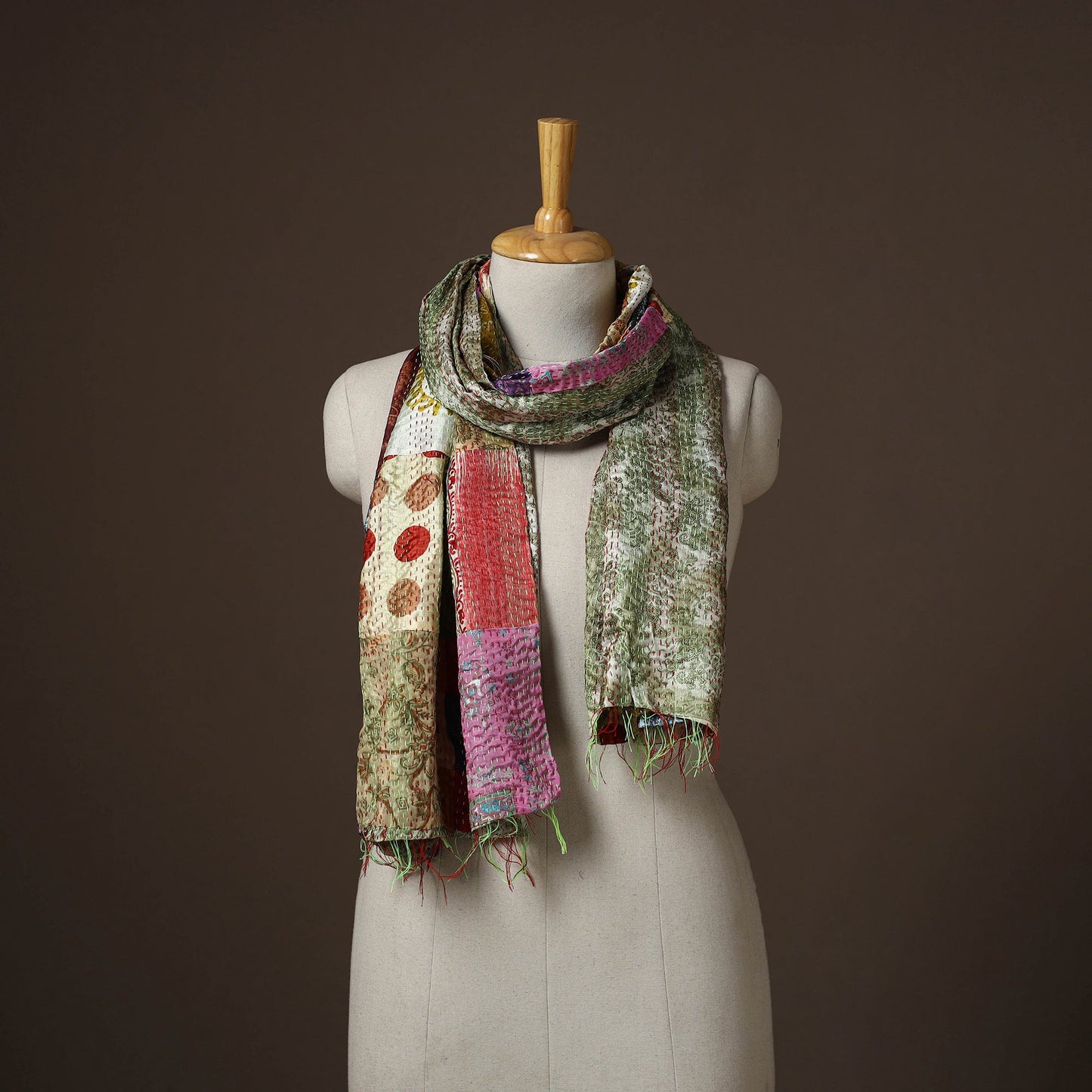 Patchwork reversible silk bengal hand kantha stitch stole