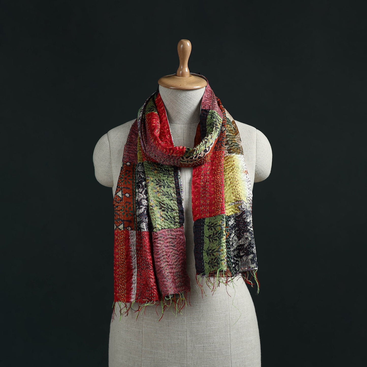 Patchwork reversible silk bengal hand kantha stitch stole