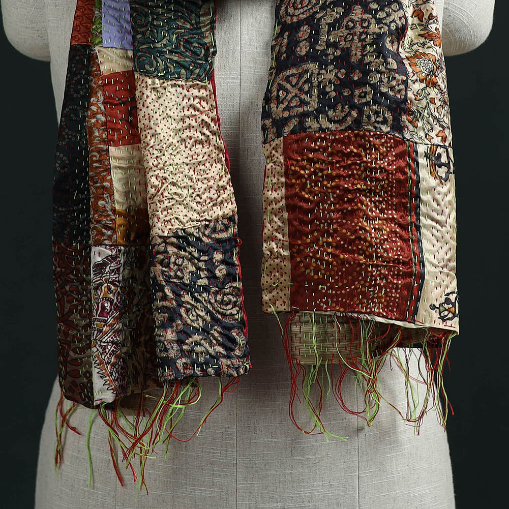 Patchwork reversible silk bengal hand kantha stitch stole