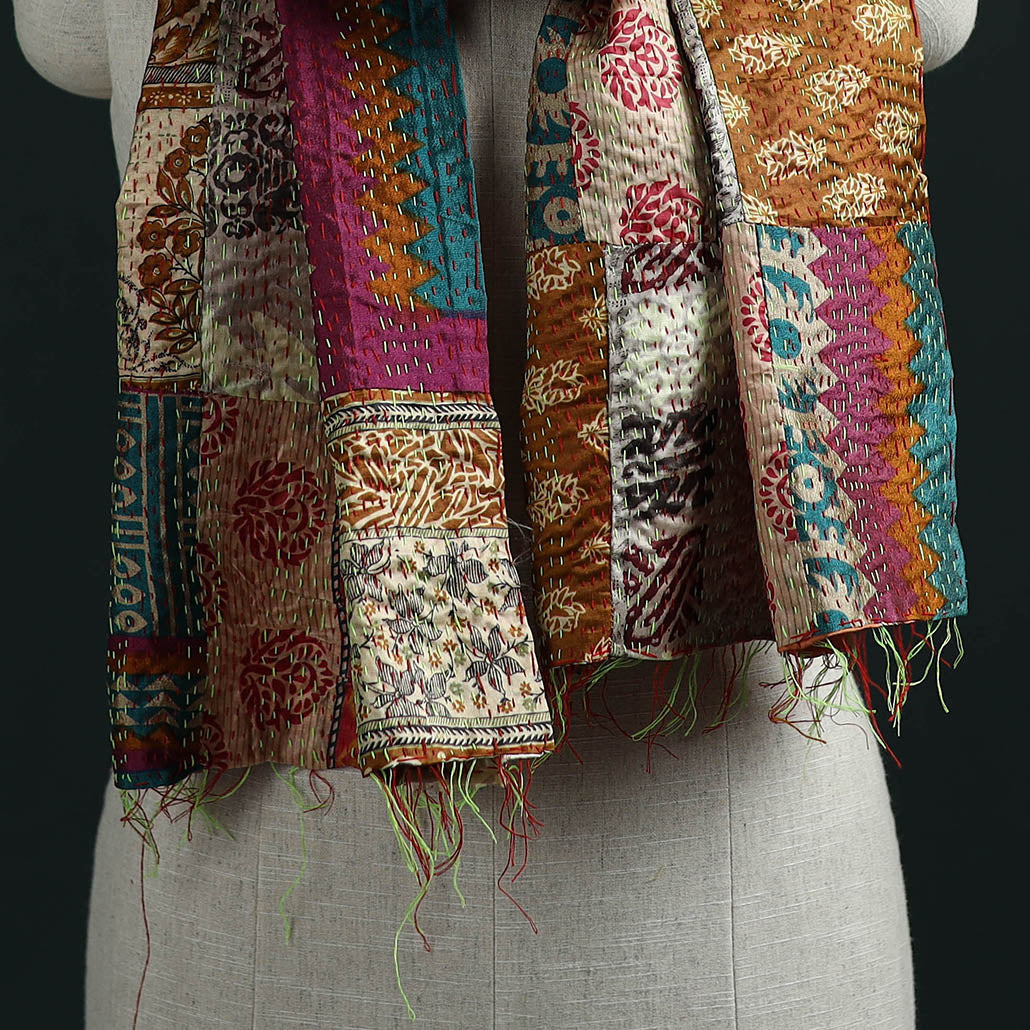 Patchwork reversible silk bengal hand kantha stitch stole