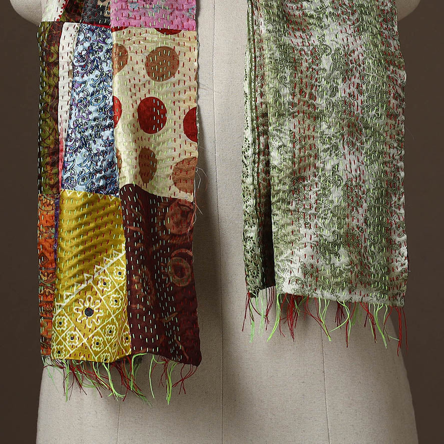 Patchwork reversible silk bengal hand kantha stitch stole