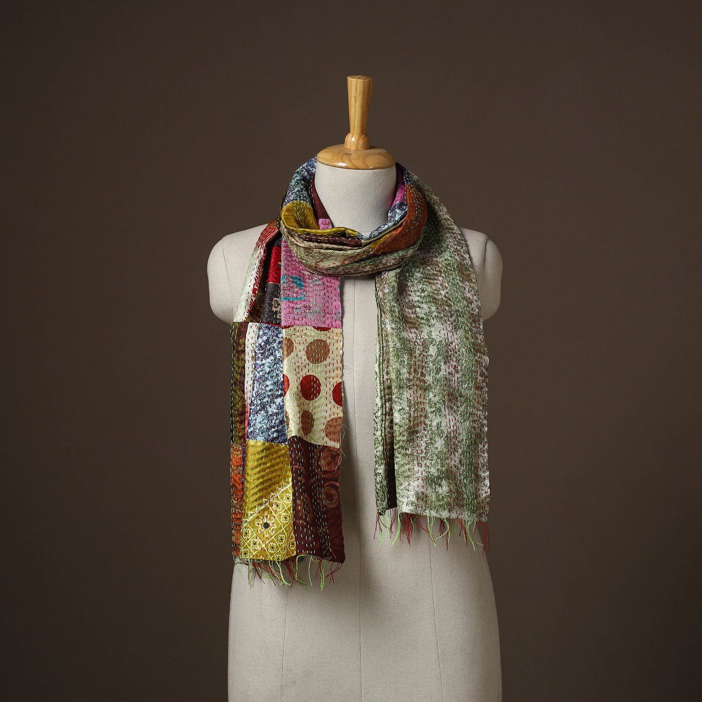 Patchwork reversible silk bengal hand kantha stitch stole