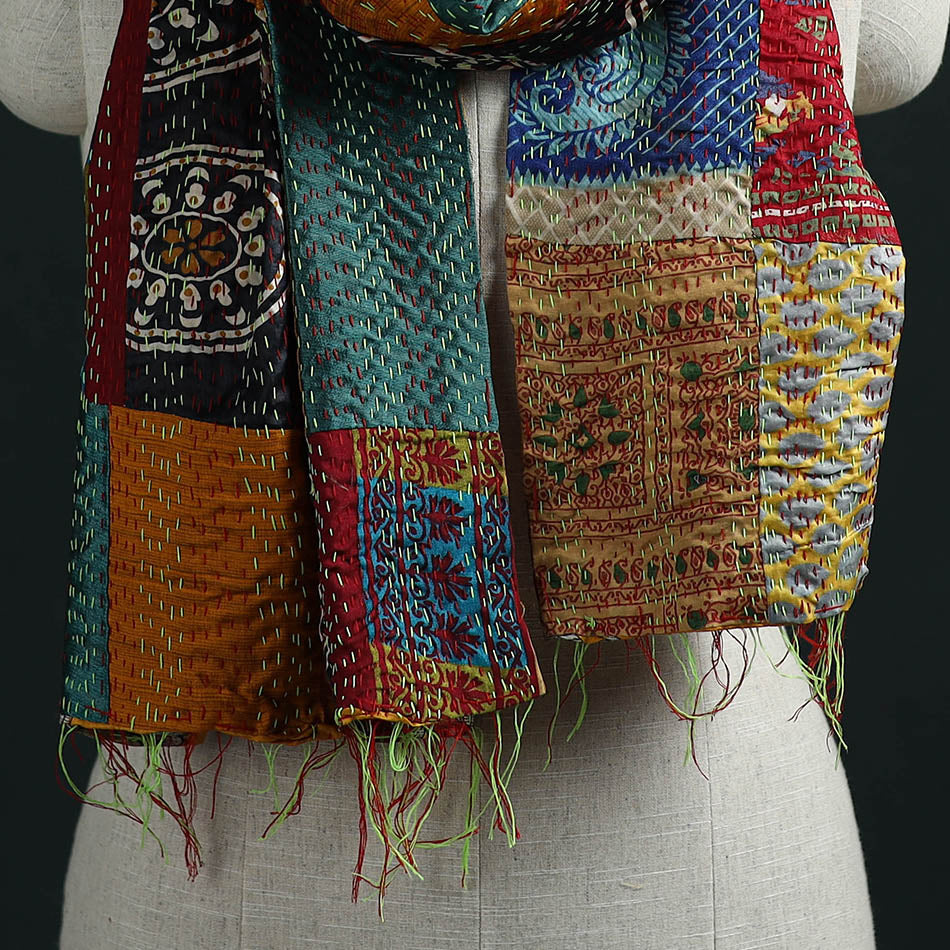 Patchwork reversible silk bengal hand kantha stitch stole