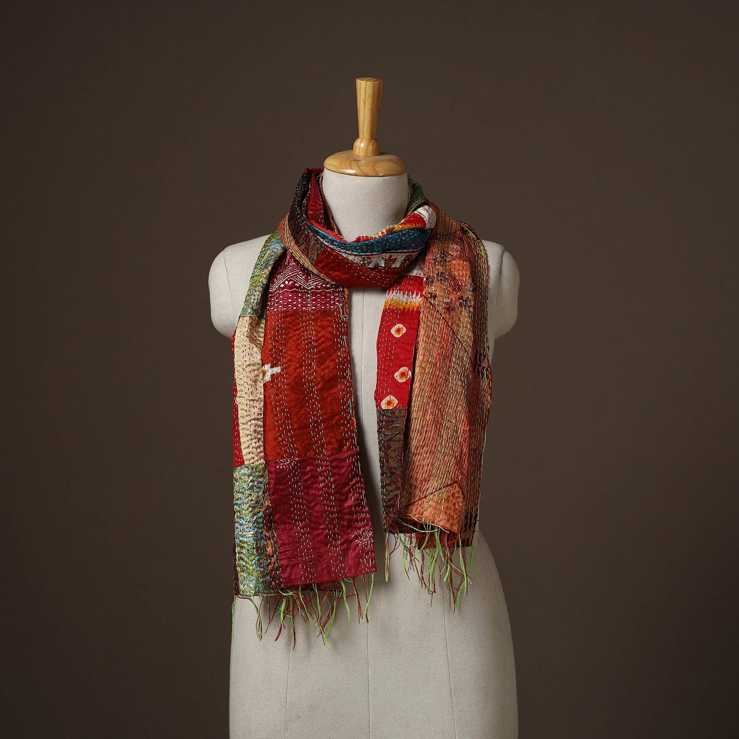 Patchwork reversible silk bengal hand kantha stitch stole