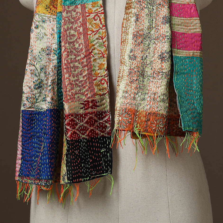 Patchwork reversible silk bengal hand kantha stitch stole