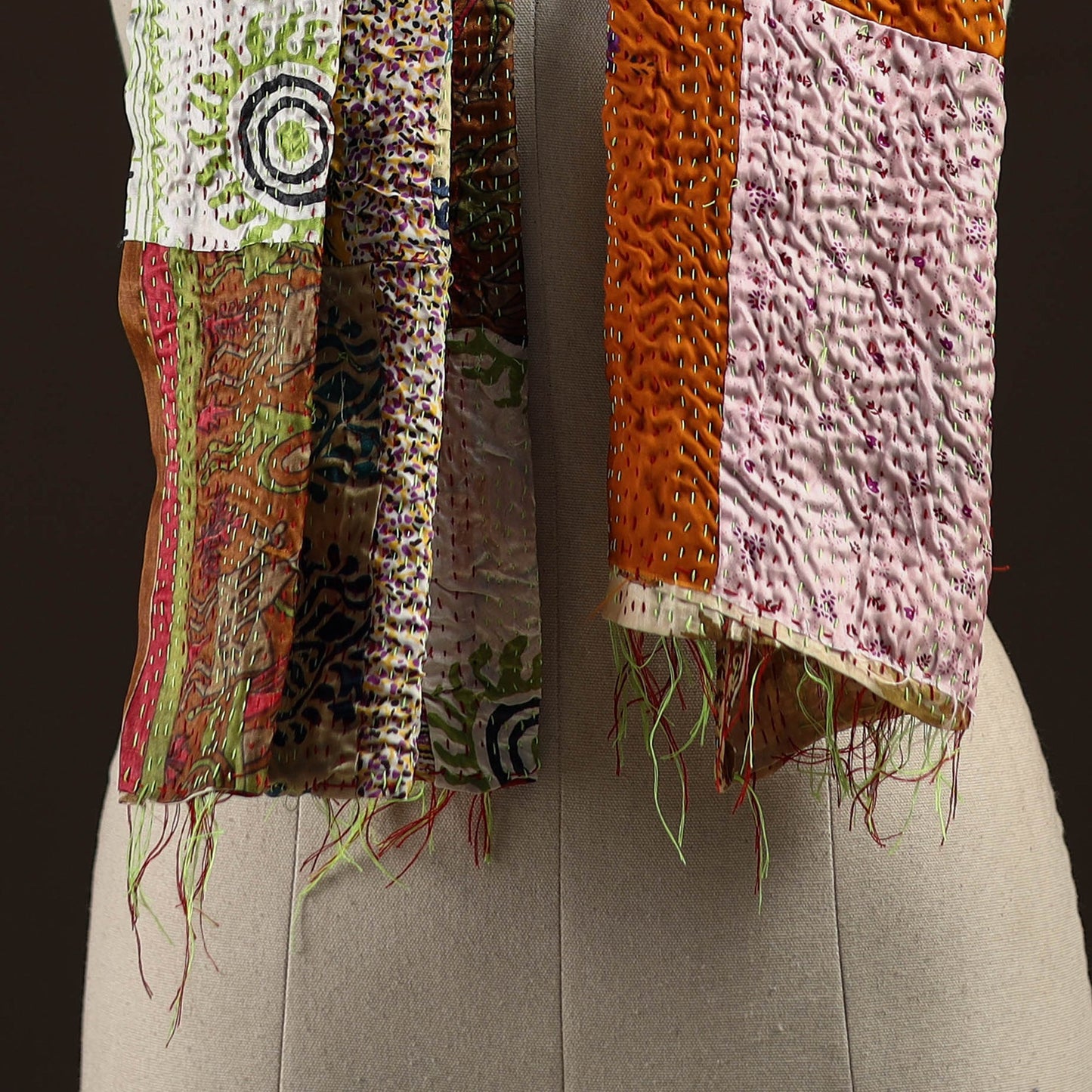 Patchwork reversible silk bengal hand kantha stitch stole