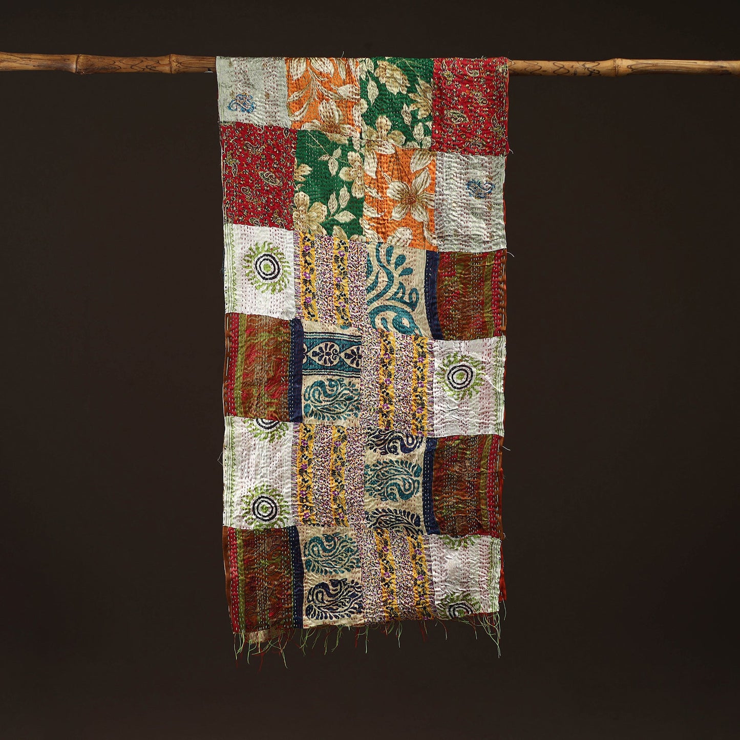 Patchwork reversible silk bengal hand kantha stitch stole