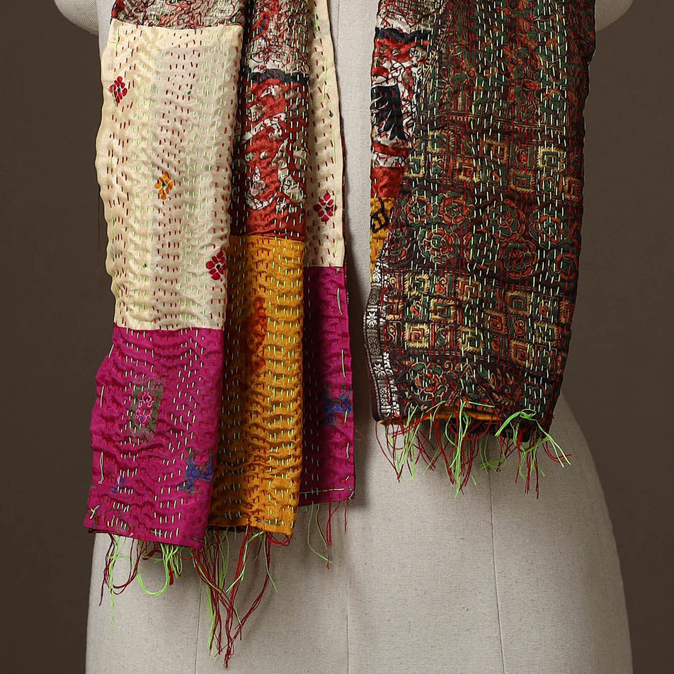 Patchwork reversible silk bengal hand kantha stitch stole