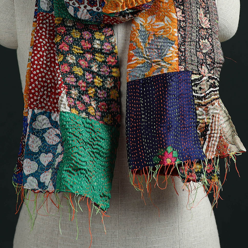 Patchwork reversible silk bengal hand kantha stitch stole