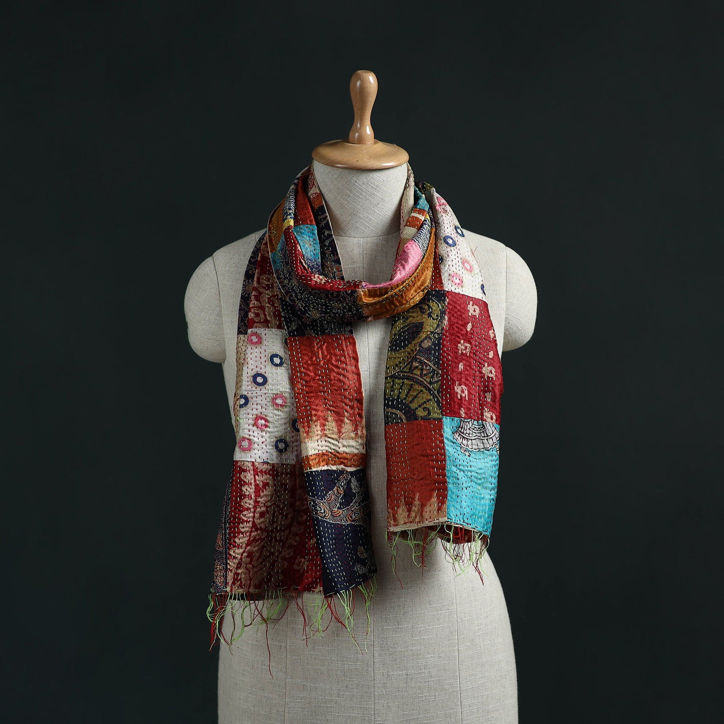 Patchwork reversible silk bengal hand kantha stitch stole