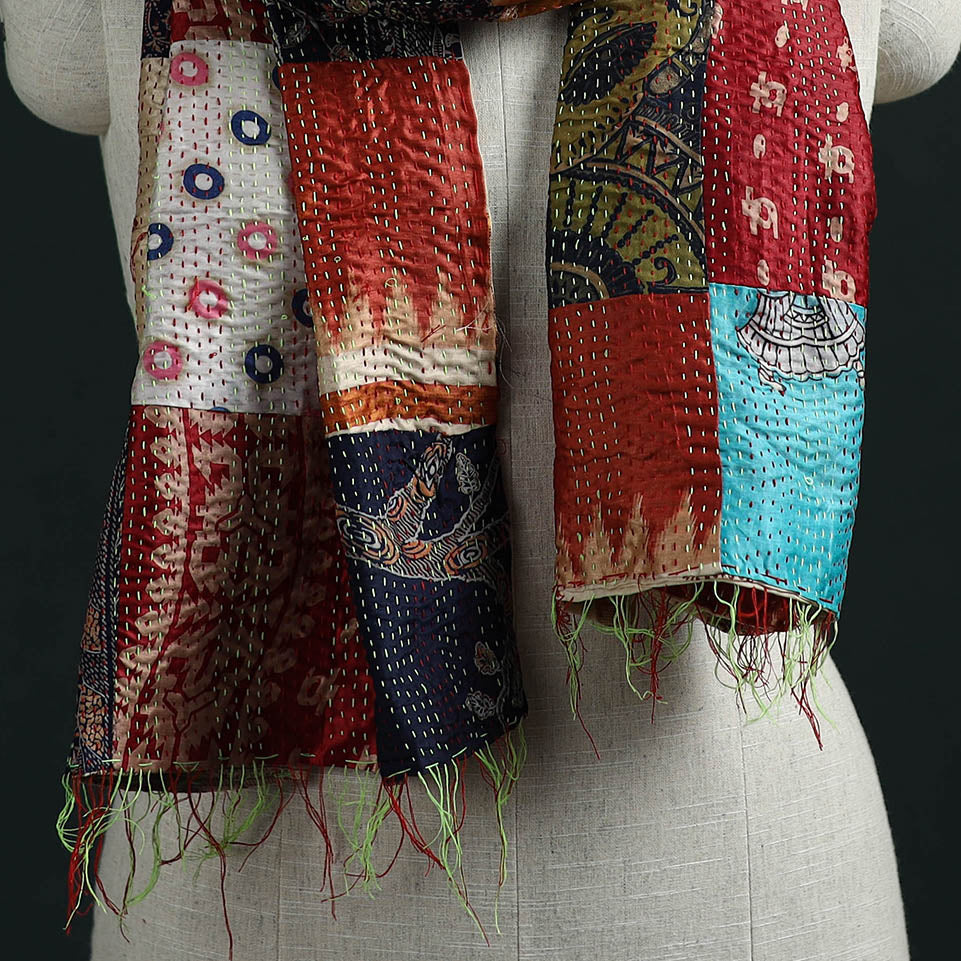 Patchwork reversible silk bengal hand kantha stitch stole