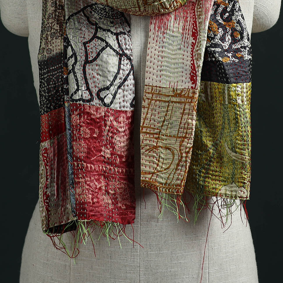 Patchwork reversible silk bengal hand kantha stitch stole