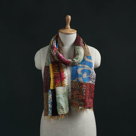 Patchwork reversible silk bengal hand kantha stitch stole