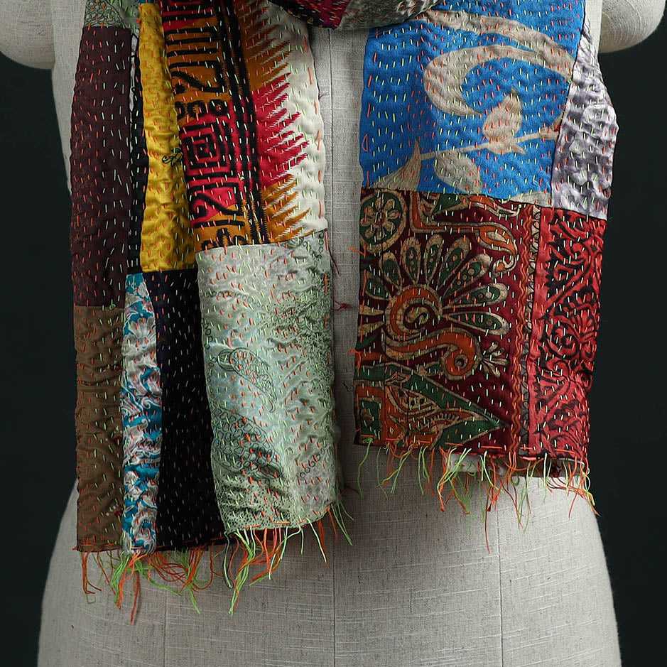 Patchwork reversible silk bengal hand kantha stitch stole