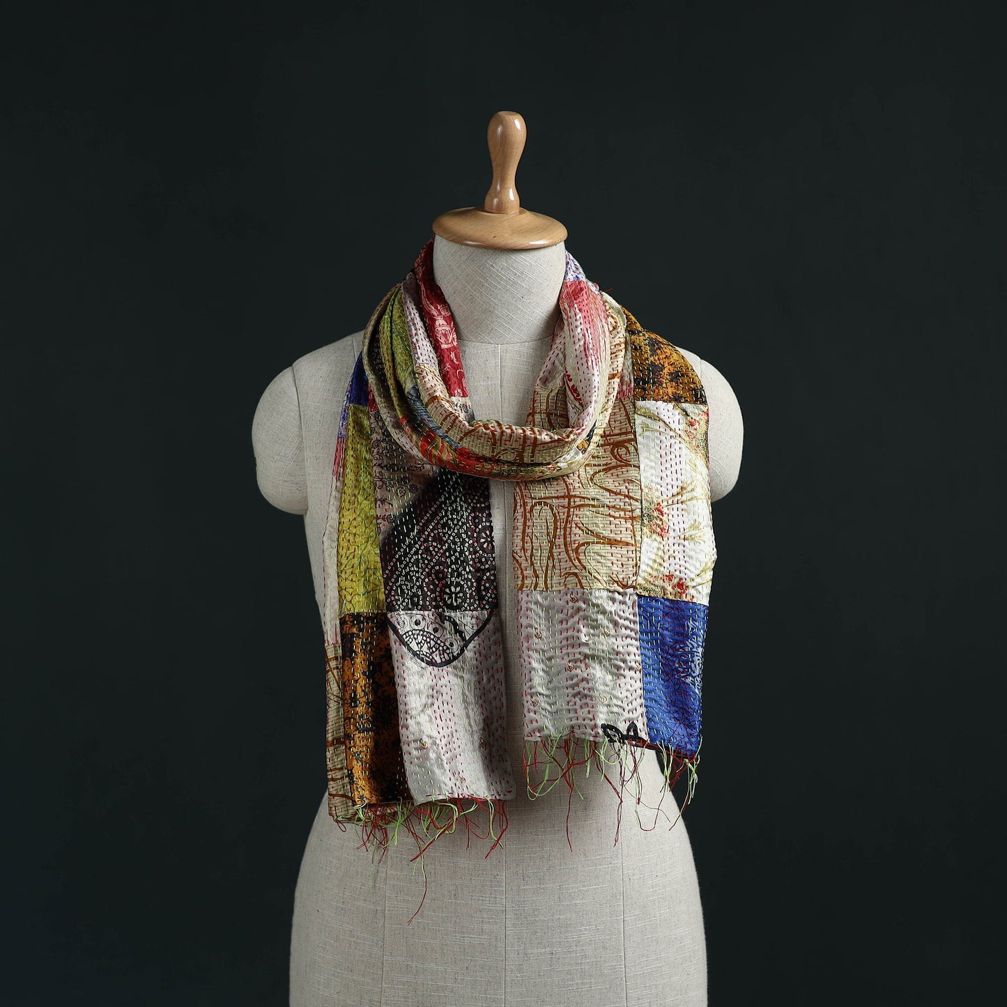 Patchwork reversible silk bengal hand kantha stitch stole