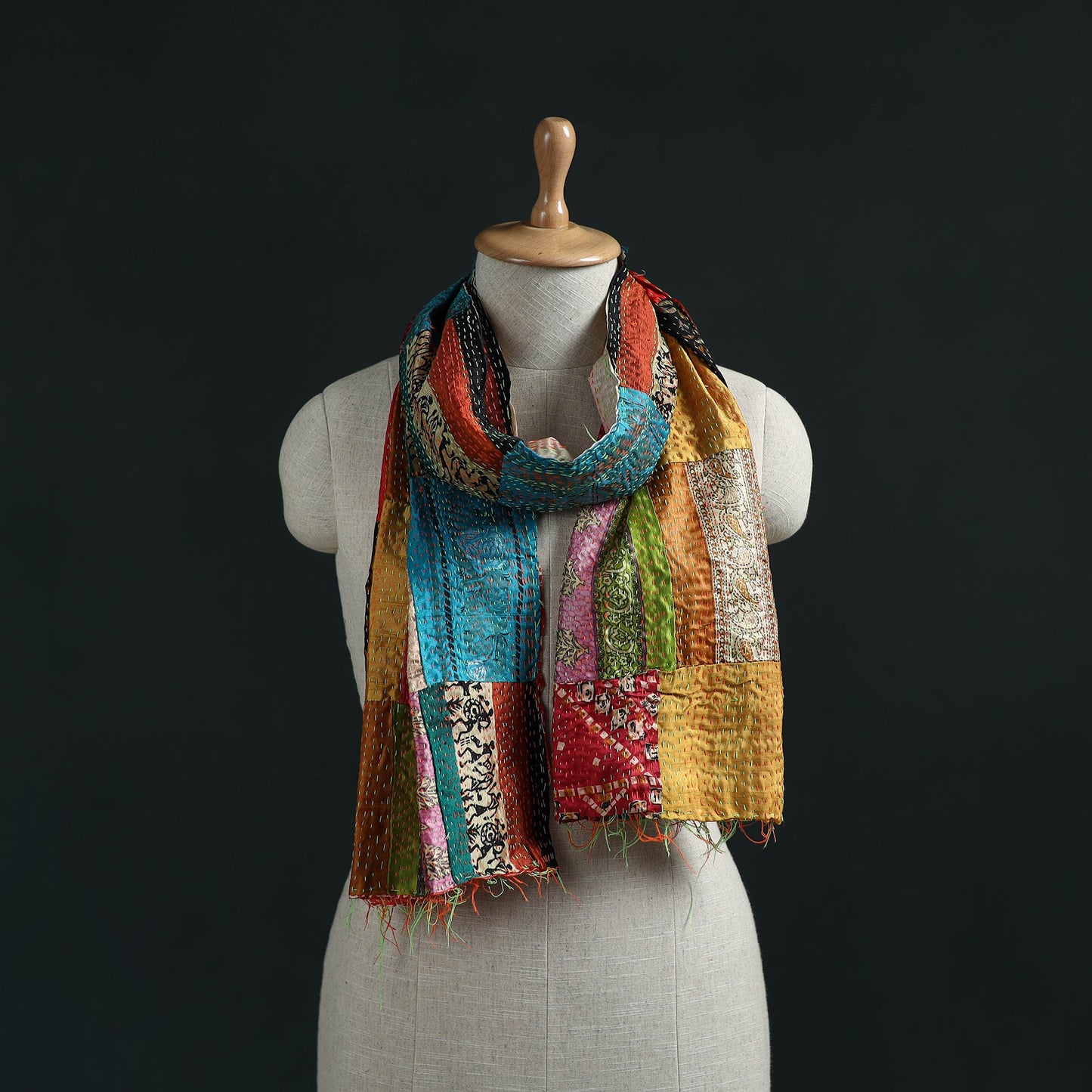 Patchwork reversible silk bengal hand kantha stitch stole