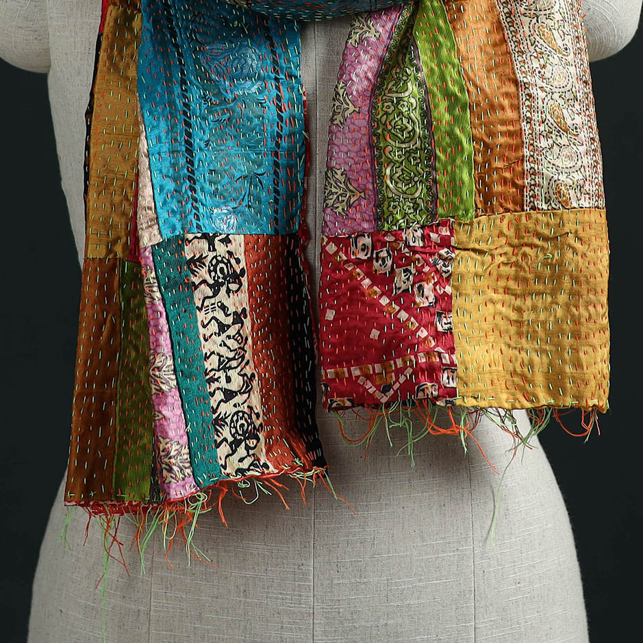 Patchwork reversible silk bengal hand kantha stitch stole