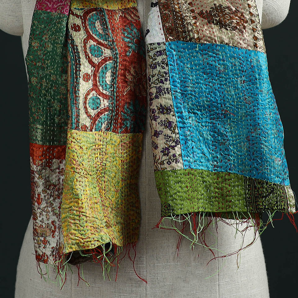 Patchwork reversible silk bengal hand kantha stitch stole