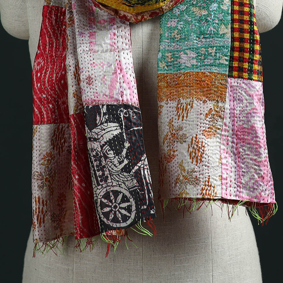Patchwork reversible silk bengal hand kantha stitch stole