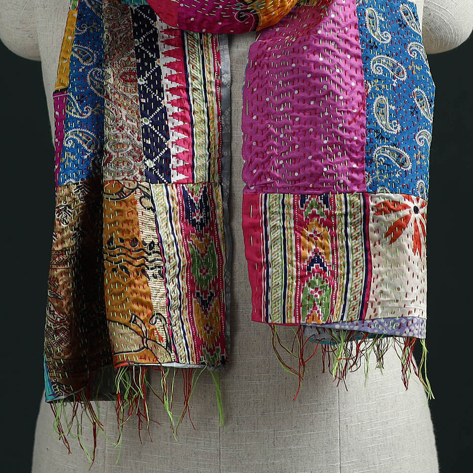 Patchwork reversible silk bengal hand kantha stitch stole